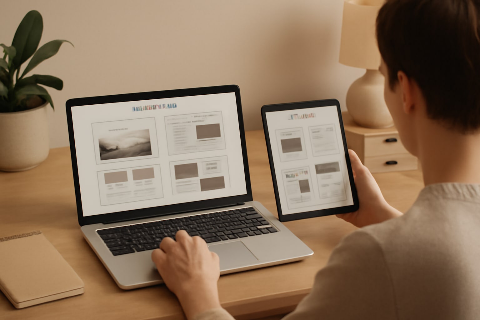 A person comparing simple website builder templates on a laptop and tablet