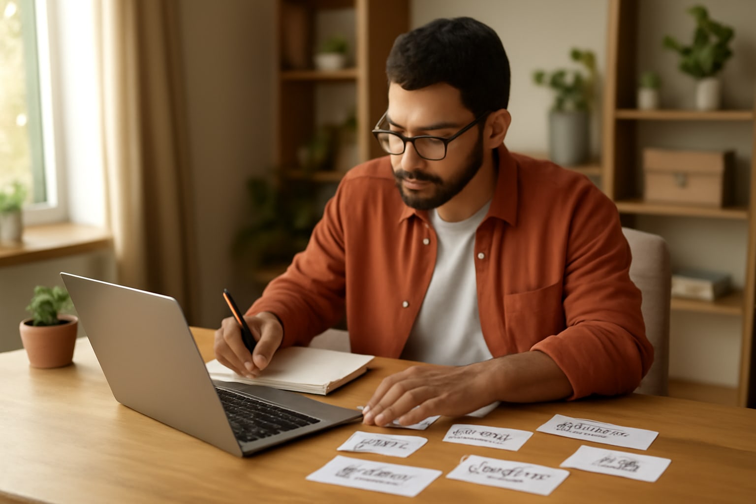 A business owner planning website SEO with notes and a laptop on the desk