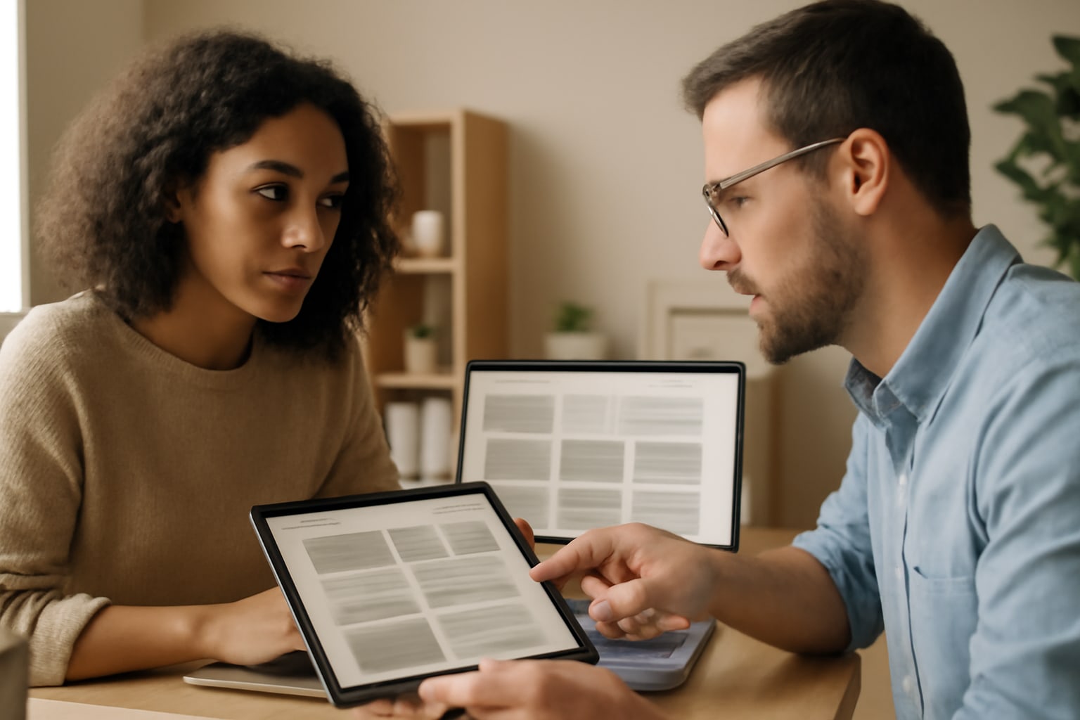 Two small business teammates comparing website layout options on a laptop and tablet