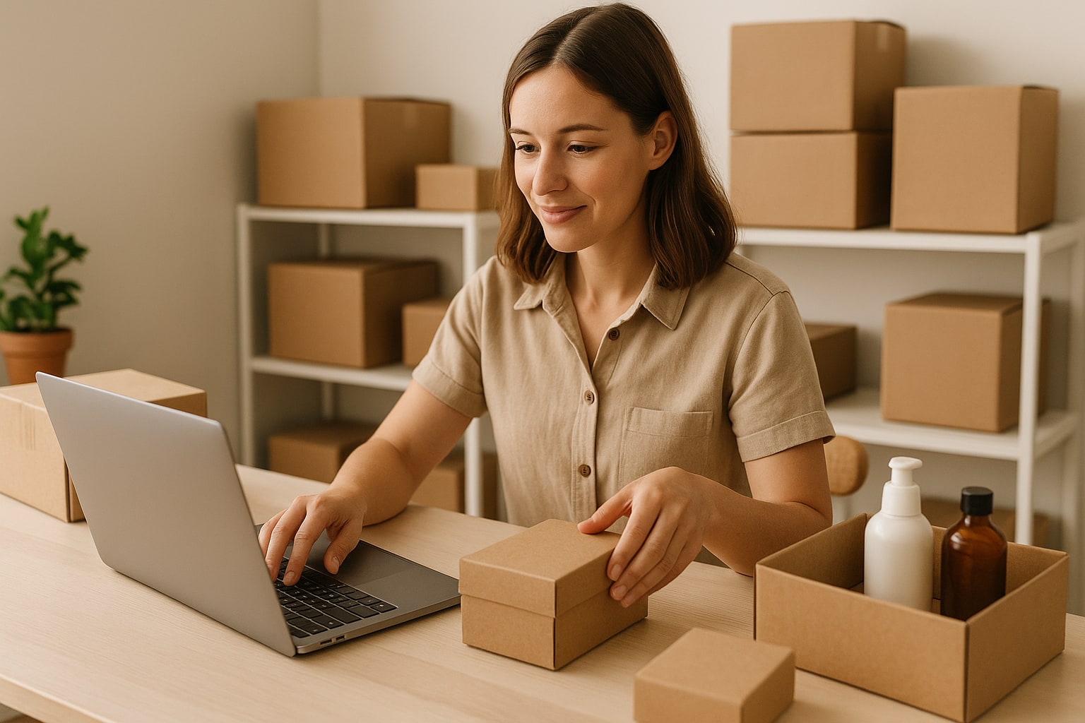 A small business owner packing online orders while checking a website on a laptop